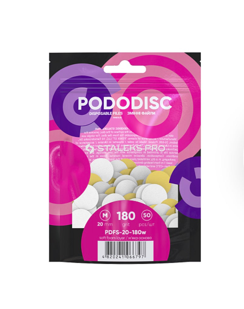 STALEKS Pro Pododisc M Disposable Abrasive Discs, 180 Grit, Soft Foam Backing, Ø20 mm, White, 50 pcs